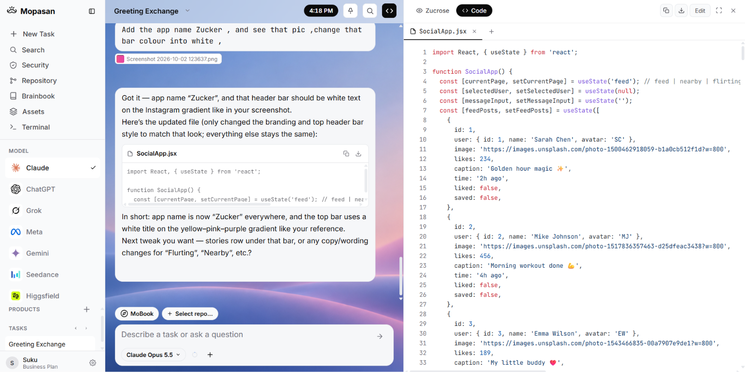 Mopasan running a real task across a product's files